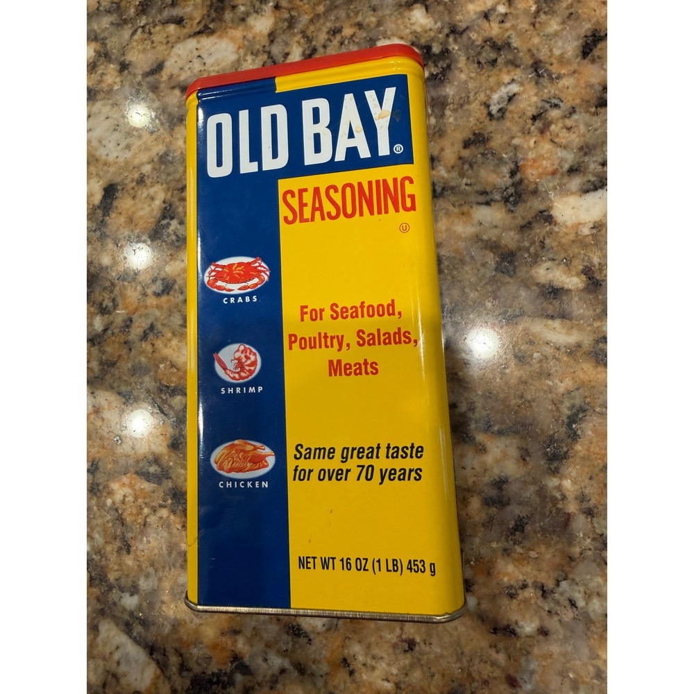 Vintage Old Bay Seasoning 16 oz Metal Tin Collectible Kitchen Decor Yellow Red